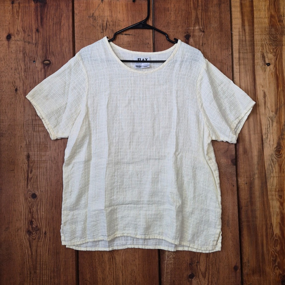 FLAX 100% Linen Short Sleeve Grid Texture Top Cream Size Small Women's